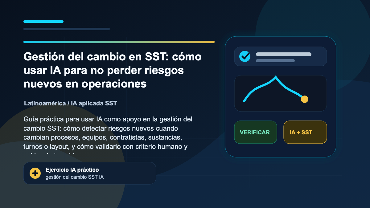 Ilustración editorial de SAFEIA sobre Gestión del cambio en SST: cómo usar IA para no perder riesgos nuevos en operaciones, Latinoamérica