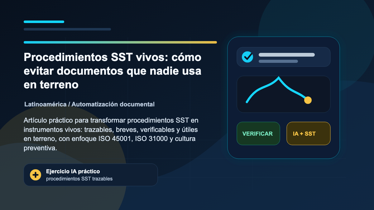 Ilustración editorial de SAFEIA sobre Procedimientos SST vivos: cómo evitar documentos que nadie usa en terreno, Latinoamérica