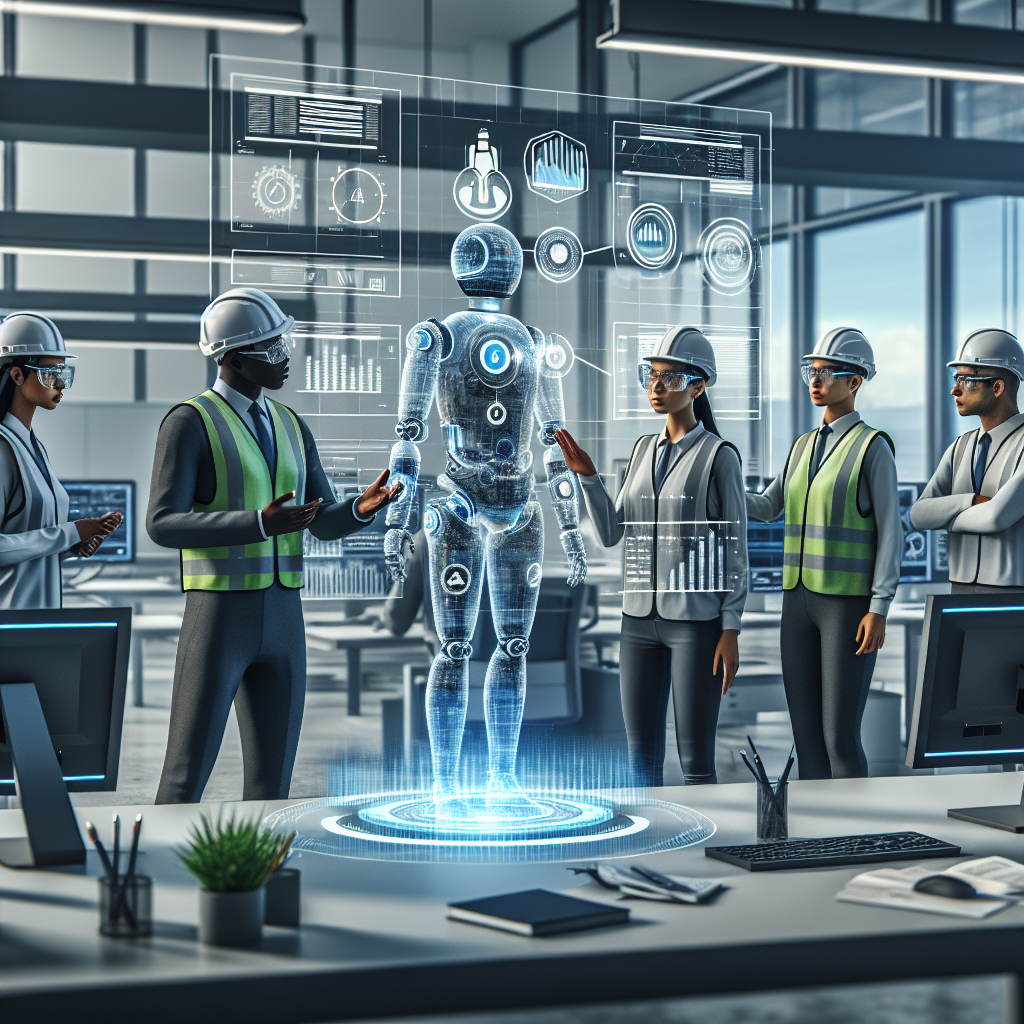 A high-quality image representing 'Artificial Intelligence: Enhanced Risk Analysis for Occupational Health and Safety (OHS)' in a professional, modern, and inspiring way. The scene includes a team of professionals of diverse descent (Caucasian male, Black female, Hispanic male, South Asian female) wearing personal protective equipment (helmets, goggles, and vests) involved in OHS activities. They are interacting with a holographic AI interface in a clean, modern workplace setting. The holographic display highlights data, charts, and risk analysis features related to occupational safety technology. Background elements include a tidy, advanced office or industrial environment with computers and safety signs. The colors used are corporate tones (blue, grey, white, green). The image includes a professional layout, structured text or icons related to the topic seamlessly integrated, emphasizing innovation and technology. Designed in a realistic yet clean illustrative style, optimized for web use (1200x630 pixels).
