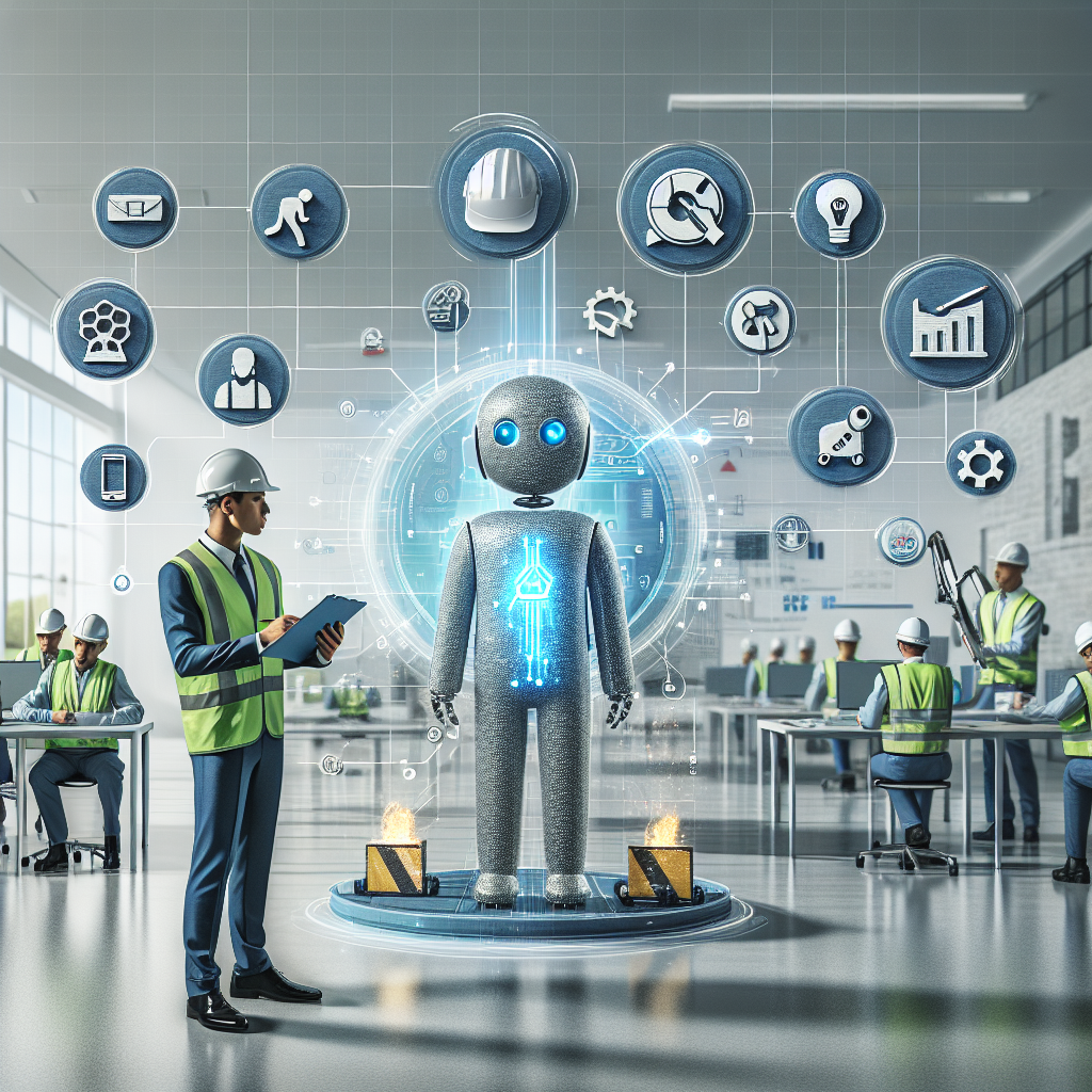 A professional and modern depiction of automating safety audits with AI, specifically for Occupational Health and Safety (OHS). The image portrays a clear concept of innovation, professionalism, and technology in OHS. A clean composition with workers in safety gear performing audits alongside icons and technology elements such as holographic interfaces suggesting AI assistance. The scene integrates professional corporate colors like blue, gray, white, and green. The setting is a bright and realistic workspace, optimized with clean lines and structured visuals. Text or icons reinforcing the theme of safety and automation are included. The style is a combination of realistic photography with modern illustrations.