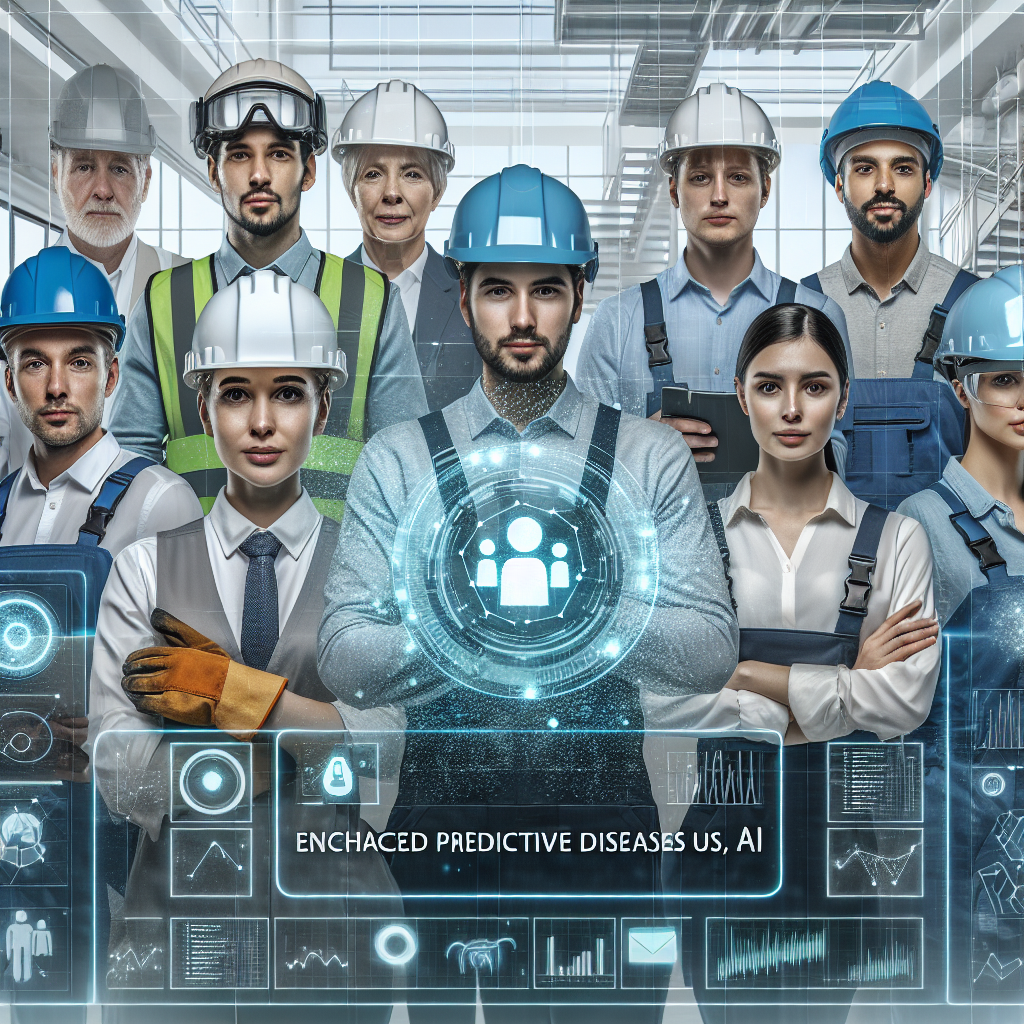 A realistic and modern image optimized for web dimensions (1200x630 pixels, high resolution), showcasing the concept of Enhanced Predictive Analysis of Occupational Diseases using AI in Occupational Safety and Health (OSH). The image includes professionals from various descents (Caucasian, Hispanic, Black, South Asian, Middle-Eastern) wearing personal protective equipment (PPE) like helmets, vests, and gloves while working in safety-related environments, such as an industrial or office setting. A holographic-style screen is at the center, displaying predictive graphs and AI visualizations with health analytics. The scene is clean, structured, and uses a professional color scheme of blue, gray, green, and white to convey innovation and professionalism. The image combines realistic photography and modern illustration elements with a clear icon or text overlay reinforcing the theme of predictive disease analysis in OSH.
