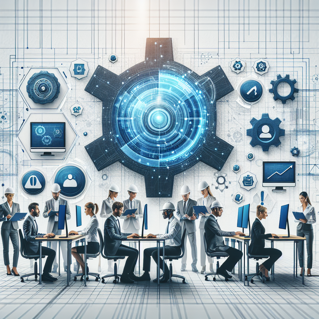 A professional, clean, and visually inspiring image representing best practices of generative AI in occupational safety and health (OSH) documentation. The composition includes professionals from diverse descents and genders using AI-powered tools on computers in a modern office environment designed with blue, gray, and white corporate colors. Safety elements are incorporated through employees wearing personal protective equipment (hard hats, safety glasses, gloves). A sleek icon or digital visual overlay representing generative AI technology, combined with a visual hierarchy emphasizing safety documentation and innovation. The background integrates clean, structured elements to highlight technology's role in improving workplace safety procedures. Optimized for web, resolution 1200x630 pixels.