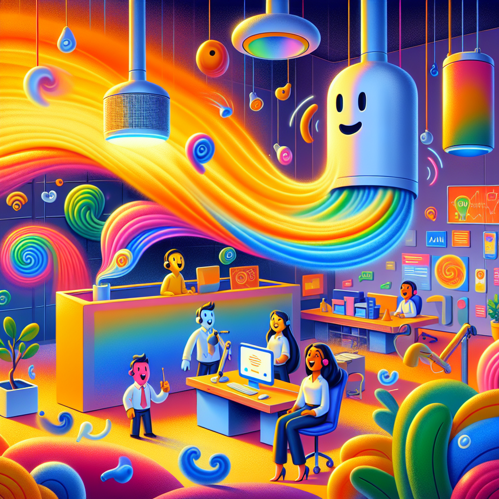 A bright, vibrant Pixar-style illustration showcasing the concept of improving ventilation in workplace environments with IA algorithms. The image should feature a whimsical office setting with expressive cartoon characters from diverse descents and genders collaborating. Characters are shown interacting with voice-activated ventilation systems controlled by artificial intelligence. The atmosphere is imaginative and dynamic, with smooth animation-like detailing. Include colorful depictions of air flow and upgraded ventilation technology creatively integrated into the scene. High resolution (1200x630 pixels), professional studio quality, no photorealistic or generic styles.