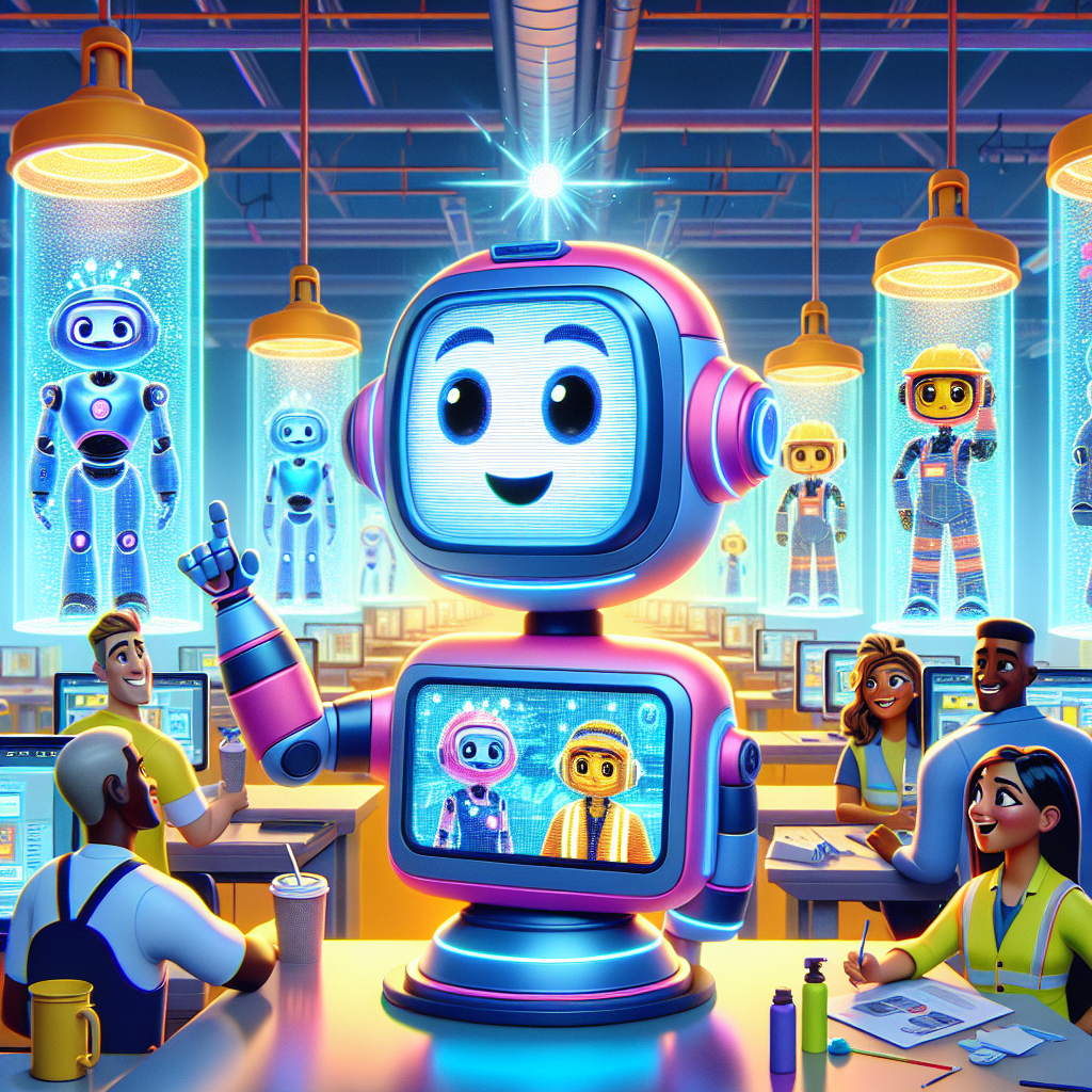 Create a vibrant and whimsical Pixar-style illustration showcasing artificial intelligence chatbots designed for occupational health and safety training. The scene should have bright and engaging colors, featuring expressive and imaginative characters—like animated chatbot figures with unique appearances (e.g., sleek metallic designs integrated with digital screens displaying friendly faces). Portray these chatbots actively helping diverse workers (Caucasian male, Hispanic female, Black male, Middle-Eastern female) in a safe, training environment, such as a virtual classroom or futuristic workshop space using augmented reality tools. The smooth animation style should have high-quality professional studio detailing, as found in Pixar productions, and the image should radiate creativity and innovation.