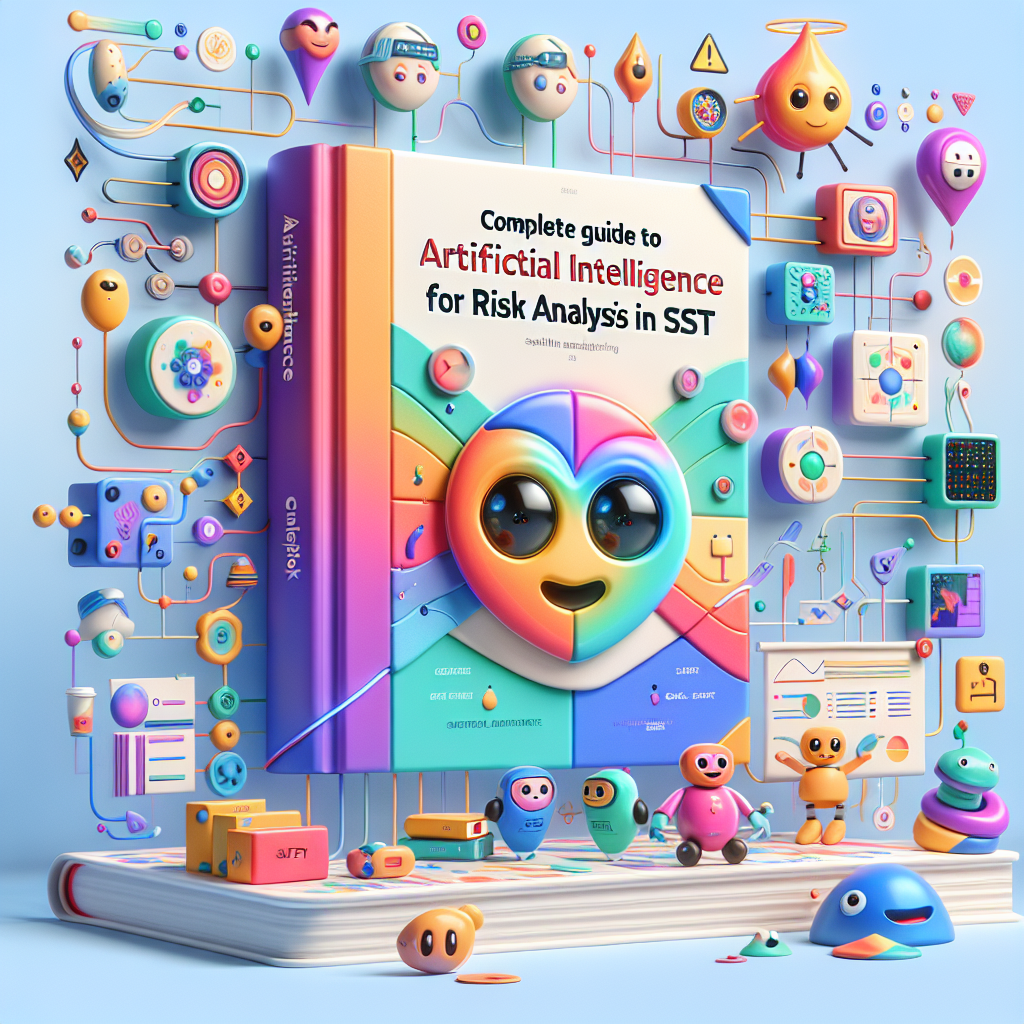 A colorful Pixar-style illustration of an animated guidebook titled 'Complete Guide to Artificial Intelligence for Risk Analysis in SST'. The guidebook has an engaging and whimsical design with vibrant colors. Surrounding the guidebook are dynamic visual elements such as simplified data flow charts, interconnected neural networks, safety symbols, and cheerful, expressive AI character assistants with helpful expressions. The scene is set in a light, imaginative environment with a futuristic, clean design. The style is smooth, bright, and vibrant, showcasing professional animation studio quality. Rendered in high resolution, 1200x630 pixels, with a focus on creativity and modernity.