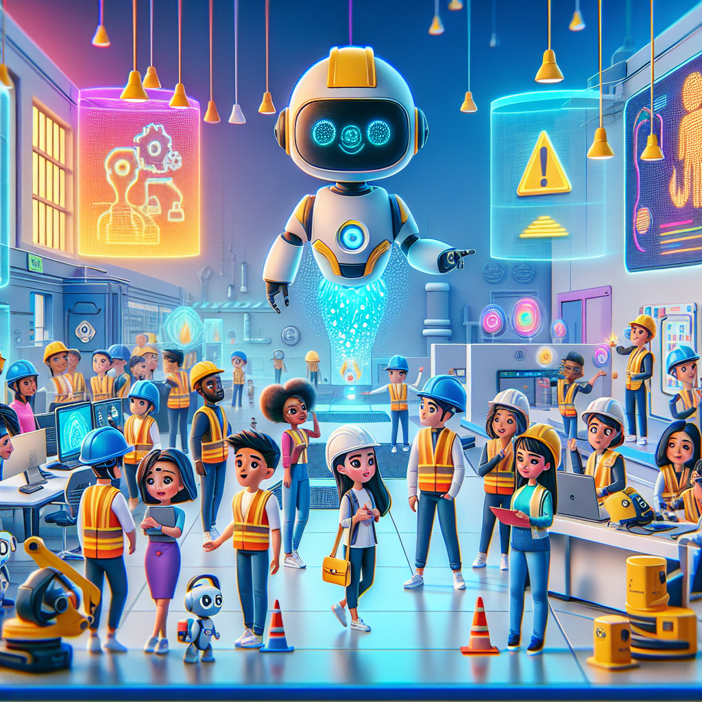 A vibrant Pixar-style illustration depicting the concept of expert AI systems for workplace safety hazards in occupational health and safety. The scene shows a whimsical, animated workplace with diverse cartoon-style characters including individuals of Caucasian, Hispanic, Black, Middle-Eastern, and South Asian descent, working together in a futuristic environment. There's a focus on expressive emotions of curiosity and collaboration, as they interact with friendly AI robots equipped with safety gear like helmets and sensors. Bright and vivid colors dominate the design, creating an imaginative yet professional atmosphere. The setting includes elements like holographic screens displaying safety tips, tools, and hazard alerts. The artwork is smooth and studio-quality, maintaining a high-resolution finish. Avoid generic or photorealistic depictions, making it engaging and creative.
