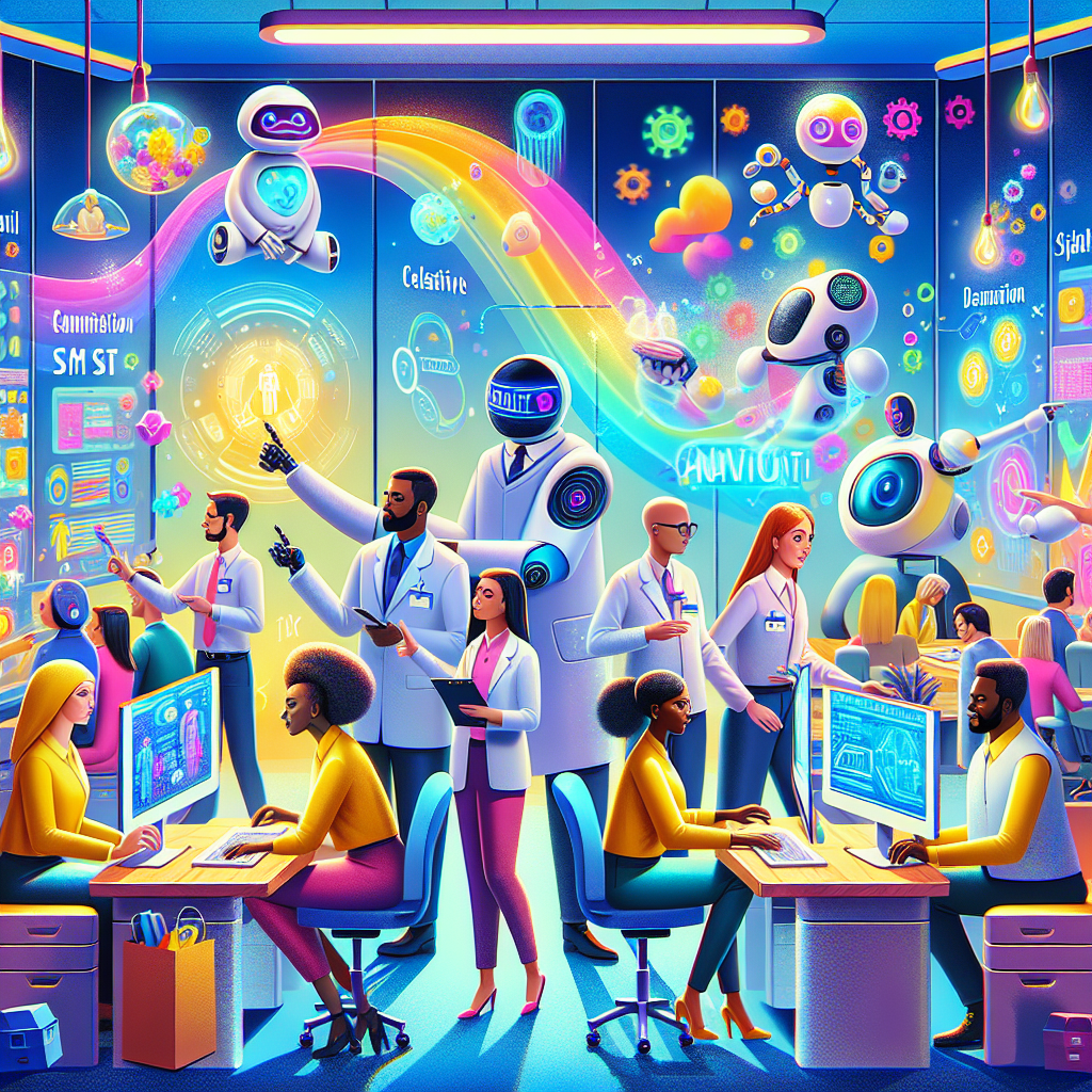 A vibrant and imaginative illustration showcasing artificial intelligence guiding risk analysis in SST (occupational safety and health). The scene features a whimsical office environment filled with colorful, futuristic elements such as floating holograms and intelligent robots assisting diverse professionals from various descents like Caucasian, Black, Hispanic, Middle-Eastern, and South Asian, engaging in safety analysis tasks. The characters have expressive emotions, wearing professional attire, and interacting with imaginative AI tools. Bright colors and smooth animation-style techniques evoke a Pixar-like aesthetic, highlighting creativity and teamwork in a safe and professional environment. The characters demonstrate collaboration, analyzing dynamic data visuals. High resolution and professional studio quality, visually striking, and engaging.