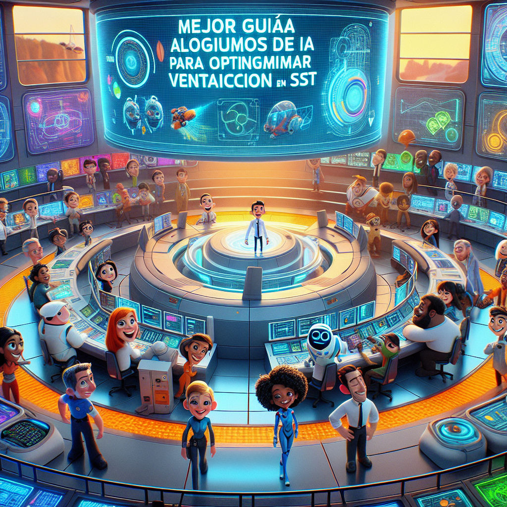 Create a Pixar-style digital illustration featuring a futuristic control room labeled 'Mejor Guía de Algoritmos de IA para Optimizar Ventilación en SST'. The control room is filled with vibrant colors in blues, oranges, and greens, showcasing a mix of high-tech equipment like holographic interfaces and ventilation schematics. In the center, a diverse group of expressive and friendly animated human characters are working together, portraying excitement and cooperation. Represent individuals of varying descents such as Black, Hispanic, Caucasian, and South Asian. The characters are dressed in futuristic yet professional attire. The composition includes imaginative and whimsical technological details. The scene is professionally crafted with smooth, polished edges and a high-resolution finish (1200x630 pixels). The atmosphere is optimistic and innovative, emphasizing creativity and teamwork in solving complex challenges in a visually engaging way.