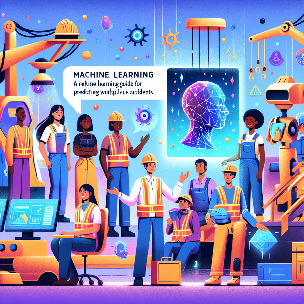 Create a vibrant illustration inspired by whimsical animation styles akin to Pixar, depicting a scene related to a machine learning guide for predicting workplace accidents. Showcase engaging visuals of characters involved in a safe and productive work environment, while emphasizing safety measures and futuristic tools. Include diverse representations by showing characters of different descents such as Black, Hispanic, Caucasian, Middle-Eastern and South Asian, and balance genders equally among the characters. The image should involve advanced technology like holographic displays and robots assisting workers, surrounded by bright, lively colors. Expressive emotions like curiosity and confidence should be portrayed in the characters’ faces. Ensure the style is smooth, imaginative, and of professional studio quality, suitable for high resolution (1200x630 pixels). Avoid generic or photorealistic depictions, keeping it vibrant and animated.