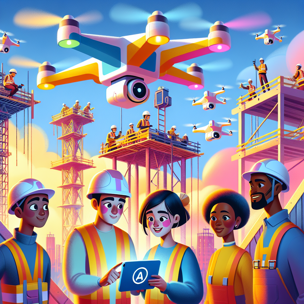 A vibrant, whimsical illustration in a Pixar-style animation featuring the concept of drone monitoring and AI for height safety. The scene showcases friendly drones equipped with sensors and AI technology hovering to monitor a complex structure built at heights, like scaffolds or towers. In the foreground are diverse construction site workers (Caucasian man, Hispanic woman, Black woman, South Asian man) wearing safety harnesses and helmets, confidently operating a smart tablet displaying live drone footage. Bright, imaginative colors with expressive emotions on characters' faces, and smooth animation style reminiscent of Pixar. Designed for safety with engaging elements, professional studio quality in high resolution (1200x630 pixels).