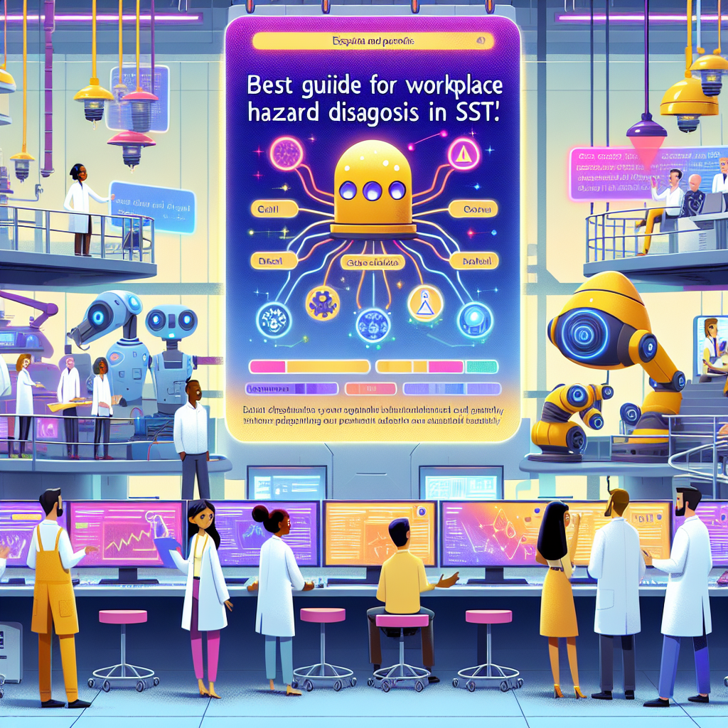 Create a Pixar-style illustration of an engaging scene titled 'Best Guide for AI Expert Systems in Workplace Hazard Diagnosis in SST.' The artwork should have bright and vibrant colors, with smooth animation-style visuals characteristic of whimsical and imaginative themes. Depict diverse professionals, including individuals of different genders and descents (e.g., Caucasian, Hispanic, Black, Middle-Eastern, South Asian), working in a dynamic AI lab. Feature large touch screens displaying dynamic, colorful hazard data analytics. The characters should exhibit expressive emotions of collaboration and curiosity. The environment should include modern technology, robots, and AI elements integrated seamlessly. Use professional studio quality for a high resolution output (1200x630 pixels).
