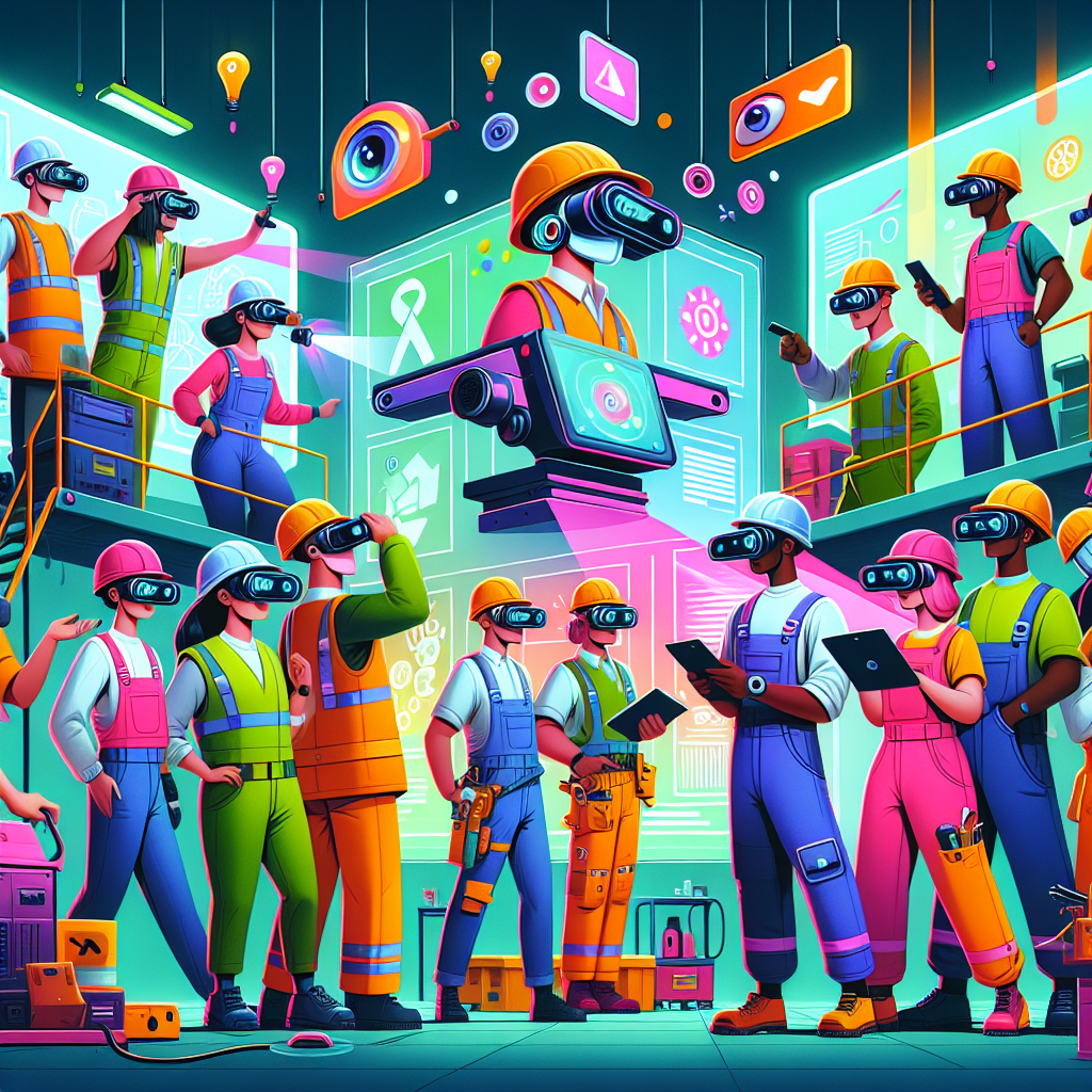 A vibrant and whimsical illustration inspired by animated styles for a guide on computer vision for inspecting personal protective equipment in occupational safety and health (OSH). The scene features expressive characters with diverse descents and genders in colorful safety gear including helmets, safety vests, gloves, and goggles. They are depicted in dynamic poses inspecting equipment using futuristic computer vision technology and screens. The setting includes a modern workplace environment with brightly colored walls and imaginative visuals, such as glowing safety icons floating around. High-quality, smooth animated style with professional studio quality, emphasizing clear emotions and engaging elements in a high resolution of 1200x630 pixels.
